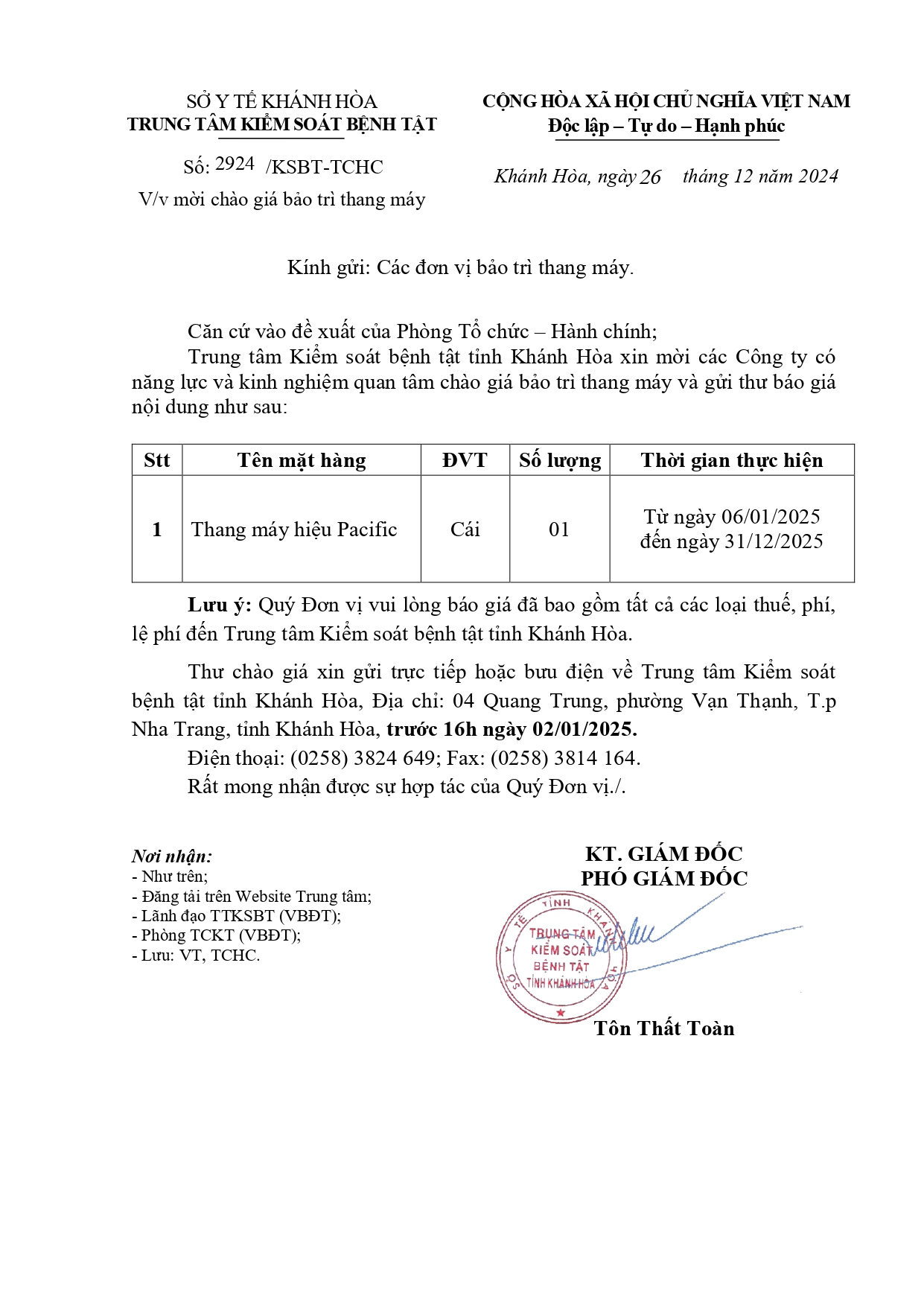 V/v mời chào giá bảo trì thang máy